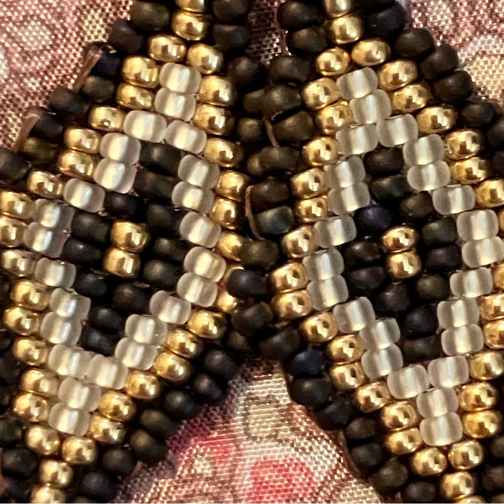 HAND CRAFTED BROWN, GOLD DIAMOND DROPS ARTISAN BEADED BOHEMIAN RHOMBUS EARRINGS